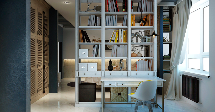 Наши дизайнеры предложили наши дизайнеры владельцам квартиры очень оригинальное решение- использовать в качестве такой перегородки книжный шкаф