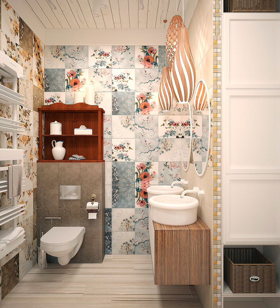 Интерьер первой ванной комнаты был создан в стиле Шебби шик, что замечательно вписалось в общую концепцию.
